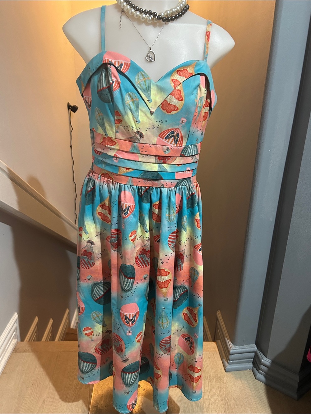Women Voodoo Vixen Blue and Pink Hot Air Balloon Print Dress